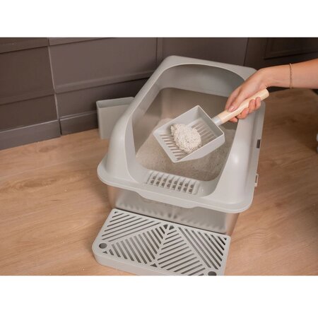 Litiera pentru pisici din inox cu prag si lopetica, marimea XL, Shaw 729907