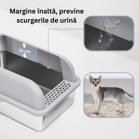 Litiera pentru pisici din inox cu prag si lopetica, marimea XL, Shaw 729904
