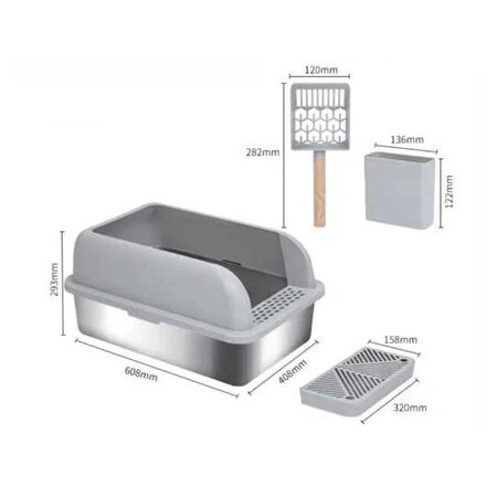 Litiera pentru pisici din inox cu prag si lopetica, marimea XL, Shaw 729906