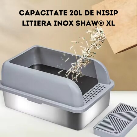 Litiera pentru pisici din inox cu prag si lopetica, marimea XL, Shaw 729903
