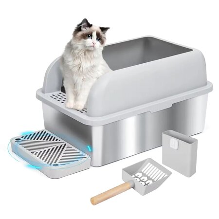 Litiera pentru pisici din inox cu prag si lopetica, marimea XL, Shaw
