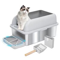Litiera pentru pisici din inox cu prag si lopetica, marimea XL, Shaw