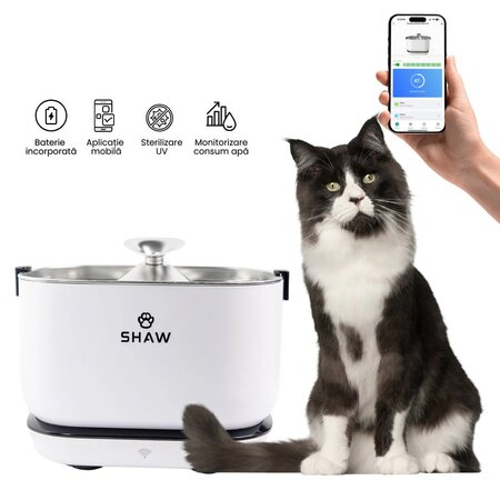 Fantana de apa smart cu baterie, senzor, aplicatie mobila, sterilizare UV si sistem de filtrare Pro V3, 2.5 L, Shaw 729960