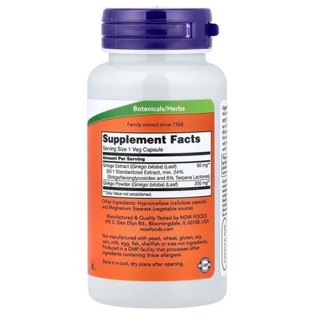Ginkgo Biloba, 60mg, 60 capsule vegetale, Now Foods 730035