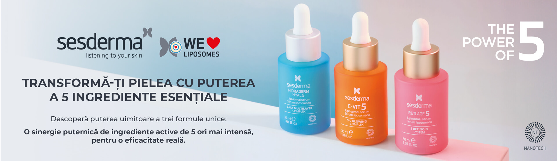 Sesderma &ndash; The Power of 5. Transforma-ti pielea cu puterea a 5 ingrediente esentiale. Seruri lipozomale Hidraderm Hyal 5, C-VIT 5 si Reti Age 5.