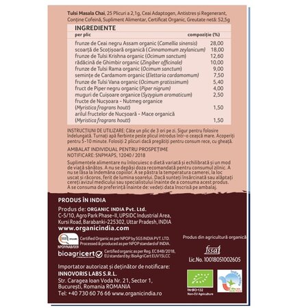 Ceai negru cu busuioc sfant Tulsi Masala, 25 plicuri, Organic India 730889