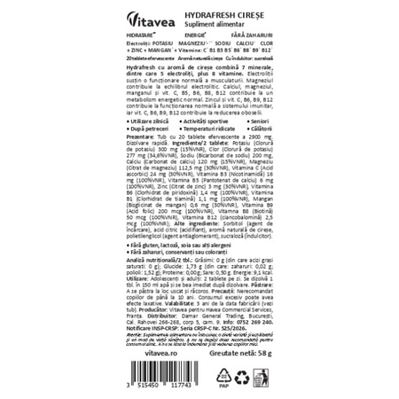 Electroliti cu aroma de cirese Hydrafresh, 20 tablete efervescente, Vitavea 730917