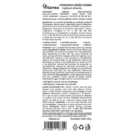 Electroliti cu aroma de lamaie si verbina Hydrafresh, 20 tablete efervescente, Vitavea 730944