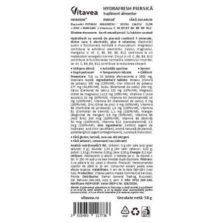 Electroliti cu aroma de piersici Hydrafresh, 20 tablete efervescente, Vitavea 730950