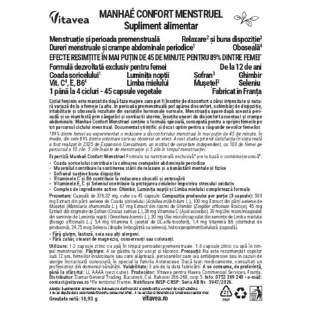 Supliment alimentar Confort Menstruel, 45 capsule vegetale, Manhae 731102
