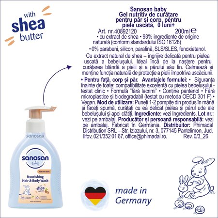 Gel nutritiv de curatare pentru par si corp, 200 ml, Sanosan 737628