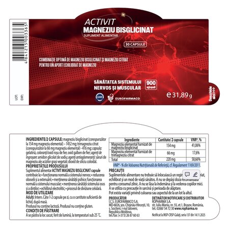 Magneziu bisglicinat Activit, 900 mg, 30 capsule, Eurofarmaco 731200