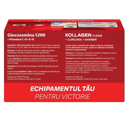 Pachet Kollagen 11.000 Curcuma si Ghimbir, 30 flacoane+ Glucozamina 1200 cu Vitamina C+D+E+K Aktiv, 30 comprimate, Doppelherz 731268