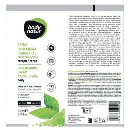Crema depilatoare cu matcha pentru piele normala, 200 ml, Body Natur 733095
