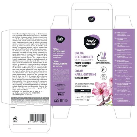 Crema decoloranta cu ulei de migdale pentru parul facial si corporal, 2x50 ml, Body Natur 733255