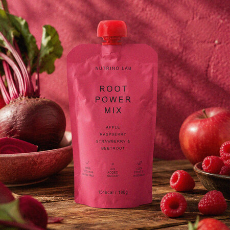 Piure pasteurizat cu mere, zmeura, capsuni si sfecla rosie Root Power Mix, 180 g, Nutrino Lab 753852