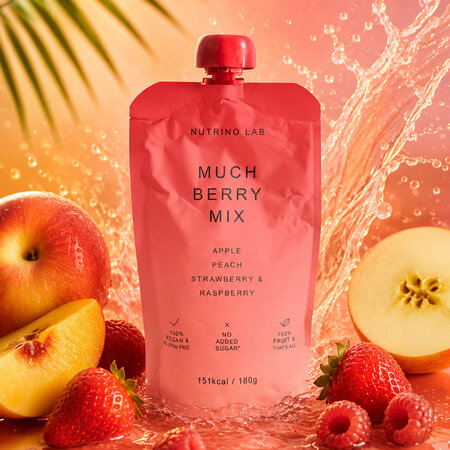 Piure pasteurizat cu mere, piersici, capsuni si zmeura Much Berry Mix, 180 g, Nutrino Lab 753844