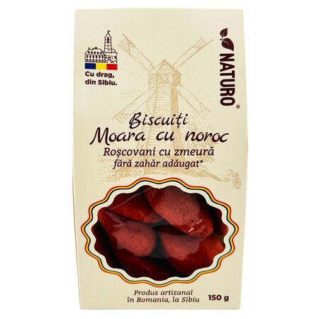 Biscuiti cu ciocolata alba si zmeura Roscovani Moara cu noroc, 150 g, Naturo