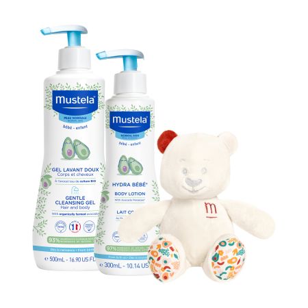 Pachet Gel de curatare delicat pentru par si corp, 500 ml + Lotiune de corp hidratanta, 300 ml + Ursulet, Mustela