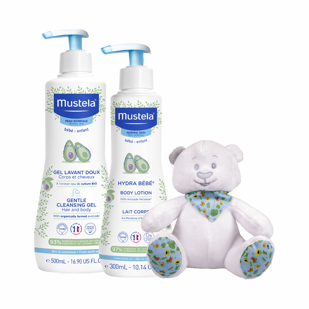 Pachet Gel de curatare delicat pentru par si corp, 500 ml + Lotiune de corp hidratanta, 300 ml + Ursulet, Mustela