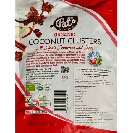 Gustare crocanta organica din nuca de cocos cu mere si scortisoara, 140 g, Pat's 736864