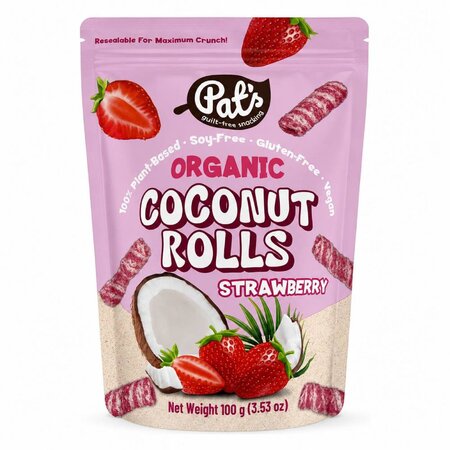 Rulouri crocante organice din nuca de cocos cu capsuni, 100 g, Pat's