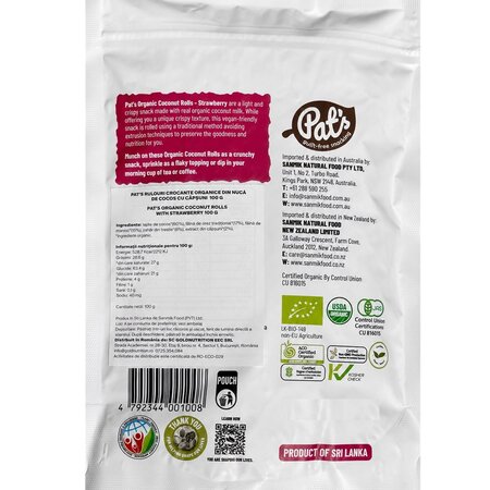 Rulouri crocante organice din nuca de cocos cu capsuni, 100 g, Pat's 736848