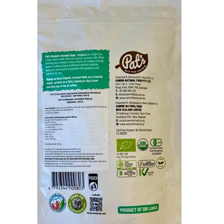 Rulouri crocante organice din nuca de cocos, 100 g, Pat's 736811