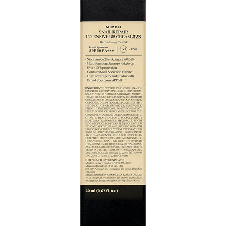 Crema coloranta cu SPF50 PA+++, nuanta 23, Snail Repair Intensive BB Cream, 20 ml, Mizon 735293