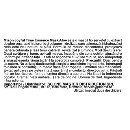Masca tip servetel cu aloe si acid hialuronic, Joyful Time Essence Mask Aloe, 23 g, Mizon 735313