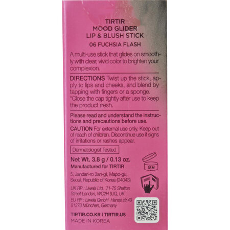 Stick multifunctional, 06 Fuchsia Flash, Mood Glider Lip and Blush Stick, 3.8 g, Tir Tir 735451