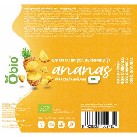 Baton cu hrisca germinata si ananas, 35 g, Obio 736076