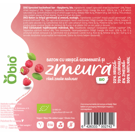 Baton cu hrisca germinata si zmeura, 35 g, Obio 736097