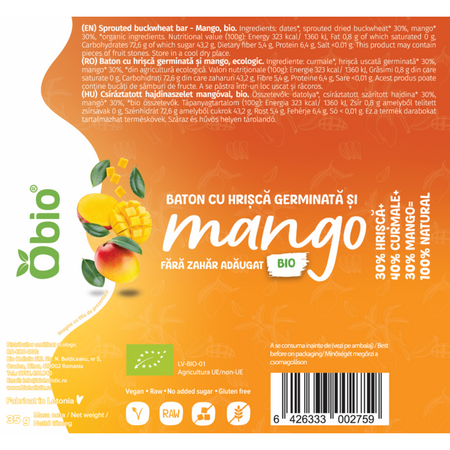 Baton cu hrisca germinata si mango, 35 g, Obio 736106
