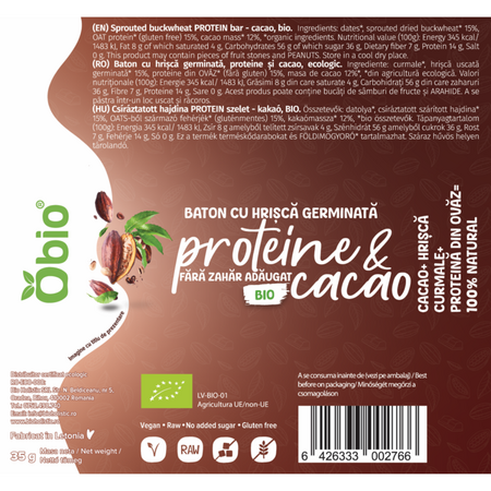 Baton proteic cu hrisca germinata si cacao, 35 g, Obio 736121