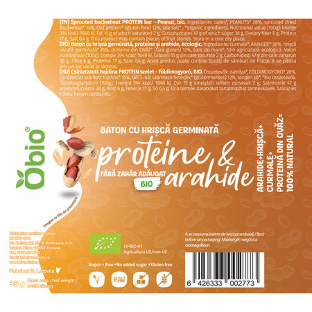 Baton proteic cu hrisca germinata si arahide, 35 g, Obio 736118