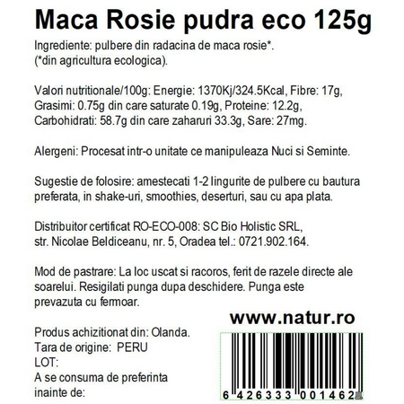 Pudra de maca rosie, 125 g, Obio 736424