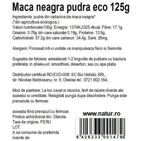 Pudra de maca neagra, 125 g, Obio 736435