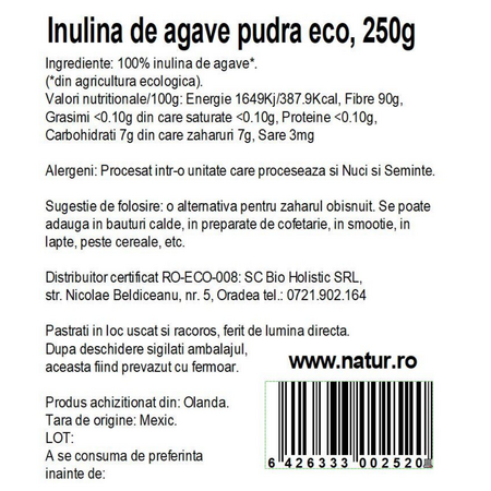 Pudra de inulina de agave, 250 g, Obio 736595