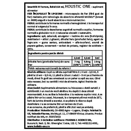 Sirop SmartHit IV Ferrum lichid, 150 ml, Holistic One 736960