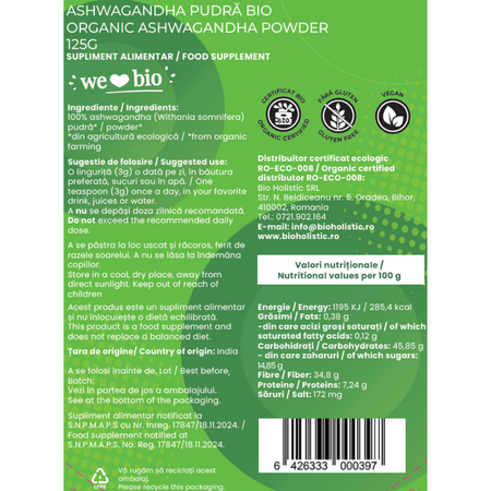 Pudra de Ashwagandha, 125 g, Obio 736997