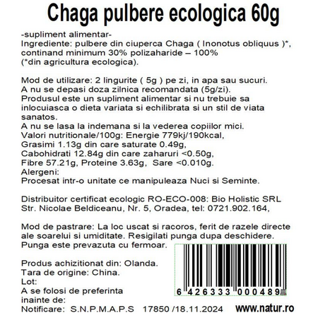 Pudra de ciuperci Chaga, 60 g, Obio 737059