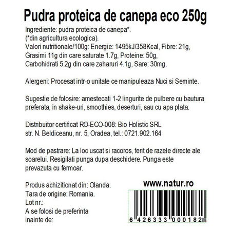 Pudra proteica din canepa, 250 g, Obio 737200