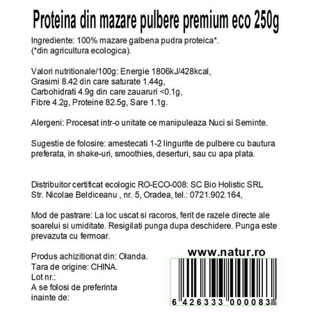 Pudra proteica din mazare galbena, 250 g, Obio 737211