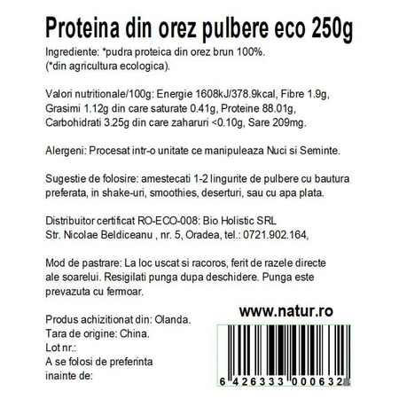 Pudra proteica din orez, 250 g, Obio 737215