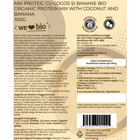 Mix proteic cu cocos si banane, 300 g, Obio 737372