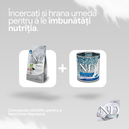 Hrana uscata cu biban de mare, fenicul si spirulina pentru caini N&D White Puppy Mini, 1500 g, Farmina 737484