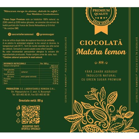 Ciocolata matcha lemon Secretele Ramonei, 70 g, Laboratoarele Remedia 737681