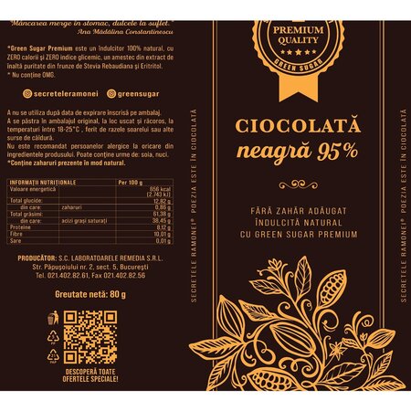 Ciocolata neagra 95%, 70 g, Laboratoarele Remedia 737684