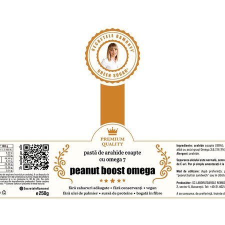 Pasta de arahide coapte cu omega 7 Peanut boost omega Secretele Ramonei, 250 g, Laboratoarele Remedia 737834